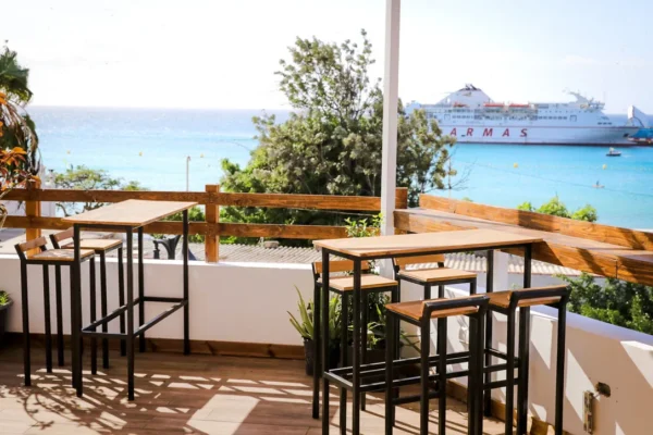 Terrace with stunning ocean view at surf hostel in Tenerife